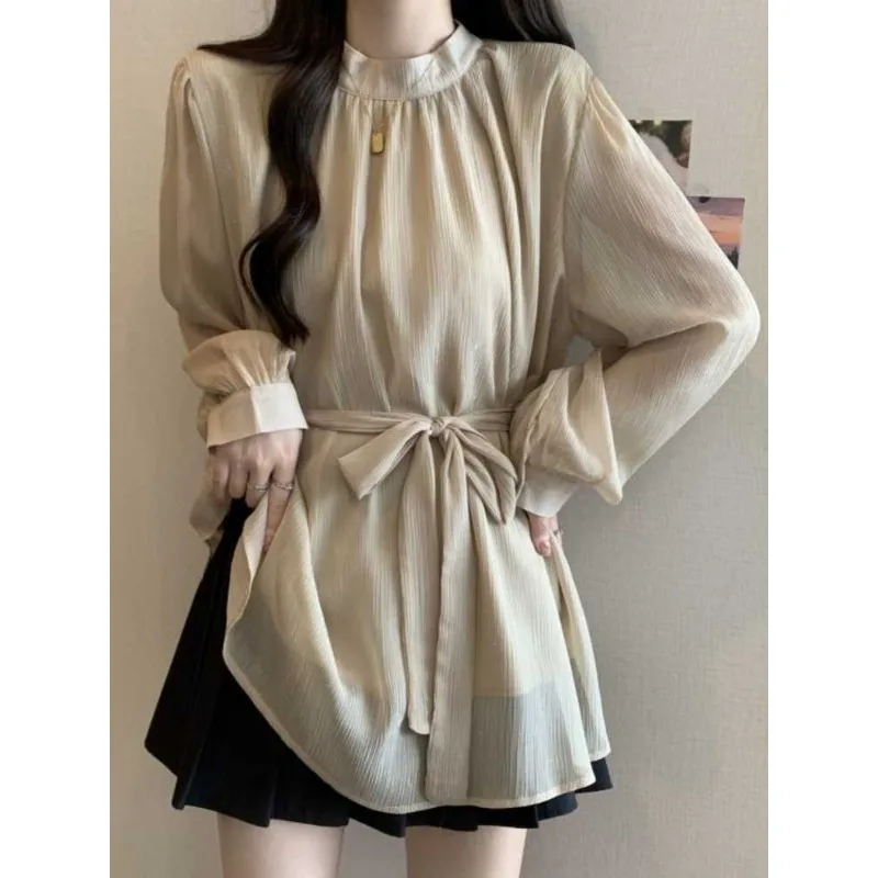 Frühling und Herbst Design Schnür-Taille Langarm-Shirt Damen 2025, große Größe, lockeres, schlankes, mittellanges Oberteil