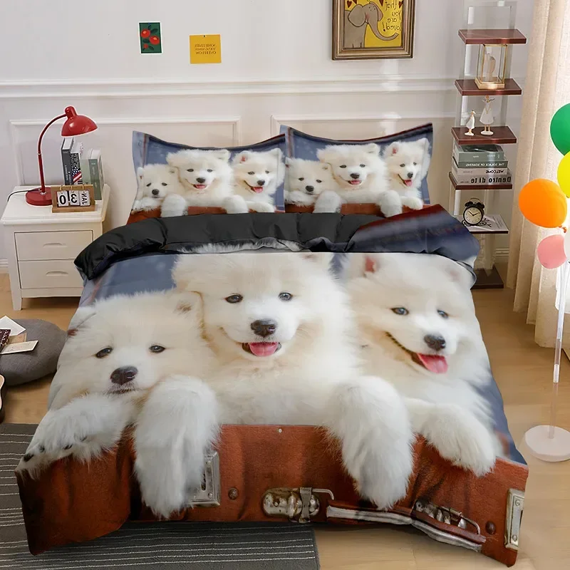 

Пододеяльник с изображением самоедской собаки King Queen Size Lovely Smile Pet Puppy Комплект постельного белья для взрослых и женщин Милый белый животный полиэстер пододеяльник