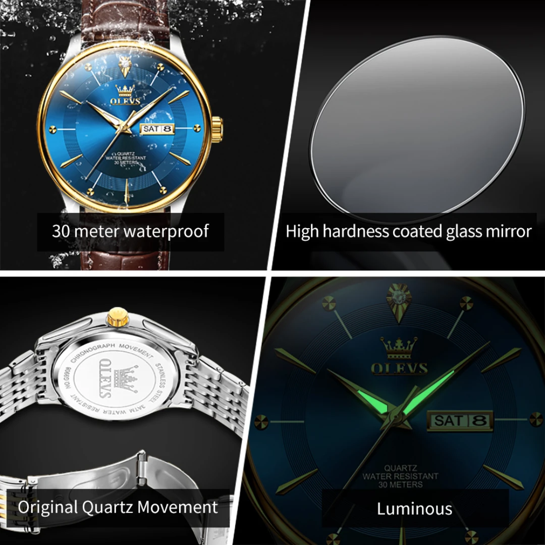 OLEVS 9908 Простые кварцевые часы, подарочный кожаный ремешок для часов, наручные часы с круглым циферблатом, светящиеся