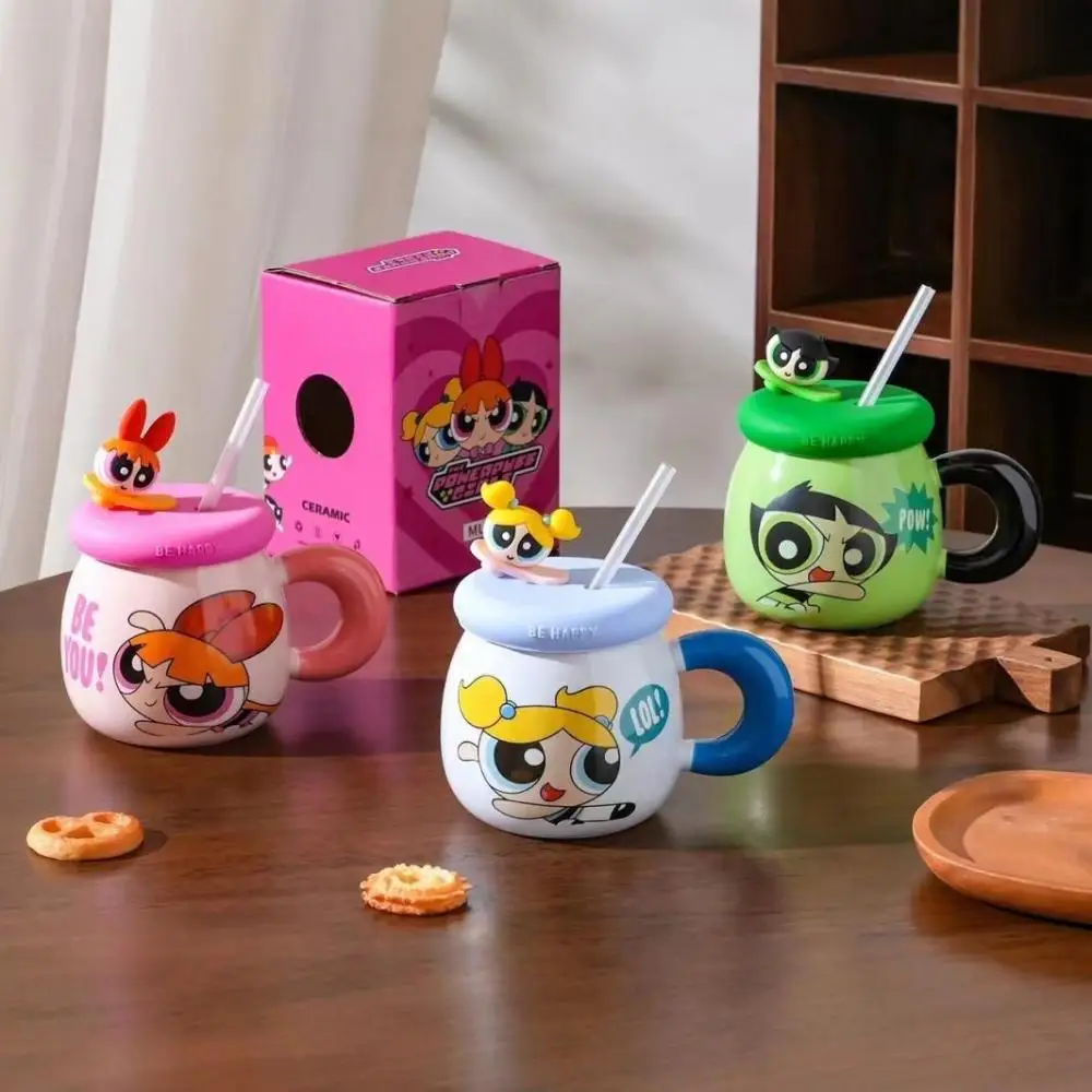 Kawaii The Powerpuff Girls Season Anime Hobby Blossom Buttercup Bubbles Cartoon Ceramic Mug Coffee Cup with Lid