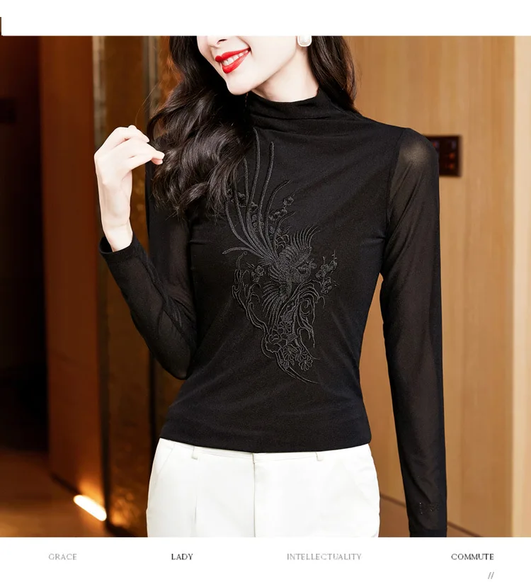 National style Sweet printed bottom shirt V-neck long sleeve women's fashionable temperament long sleeved top