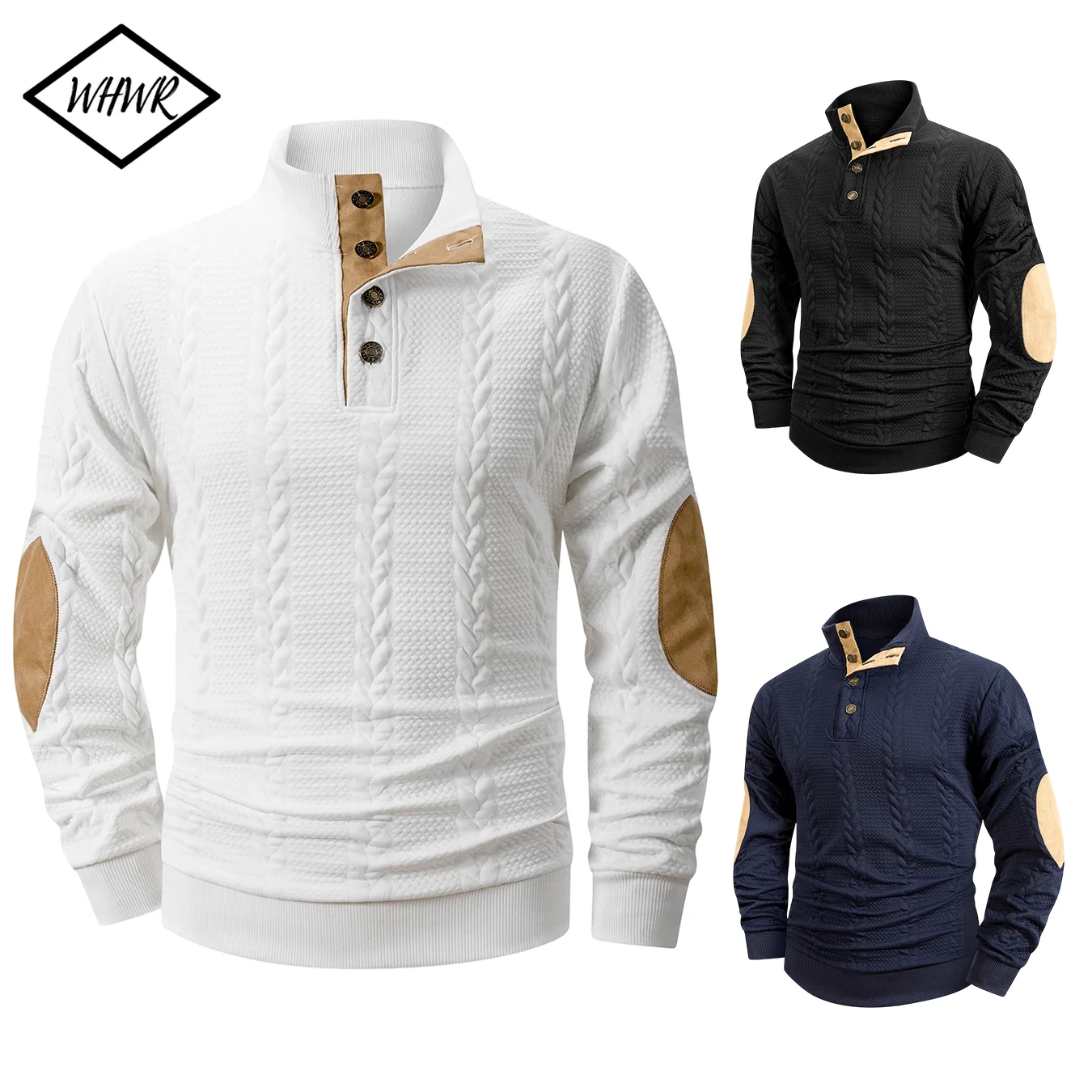 Men's Winter Warm Cable Knit Pullover Fleece Brushed Mock Neck Henley Sweater Stand Collar Button Top Ribbed Cuffs Elbow Patch for Office Commute Daily Cold Weather Layer Wear