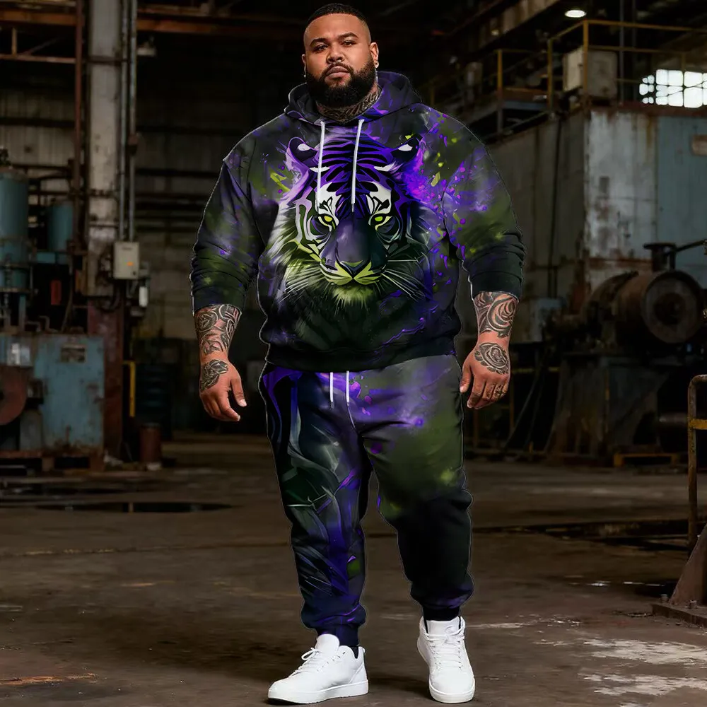 

S-9xl Мужская толстовка больших размеров из двух предметов большого и высокого размера — модные детали тигра, дышащий материал, жирный дизайн тигра