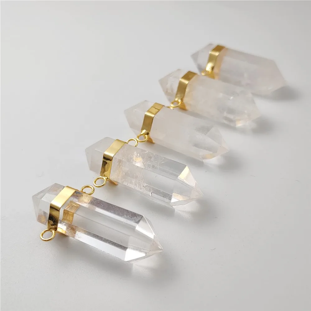 FUWO Wholesale Natural Clear Quartz Pendant,Handmade Double Point Healing Crystal Accessories For Necklace Making PD452 5Pcs/Lot