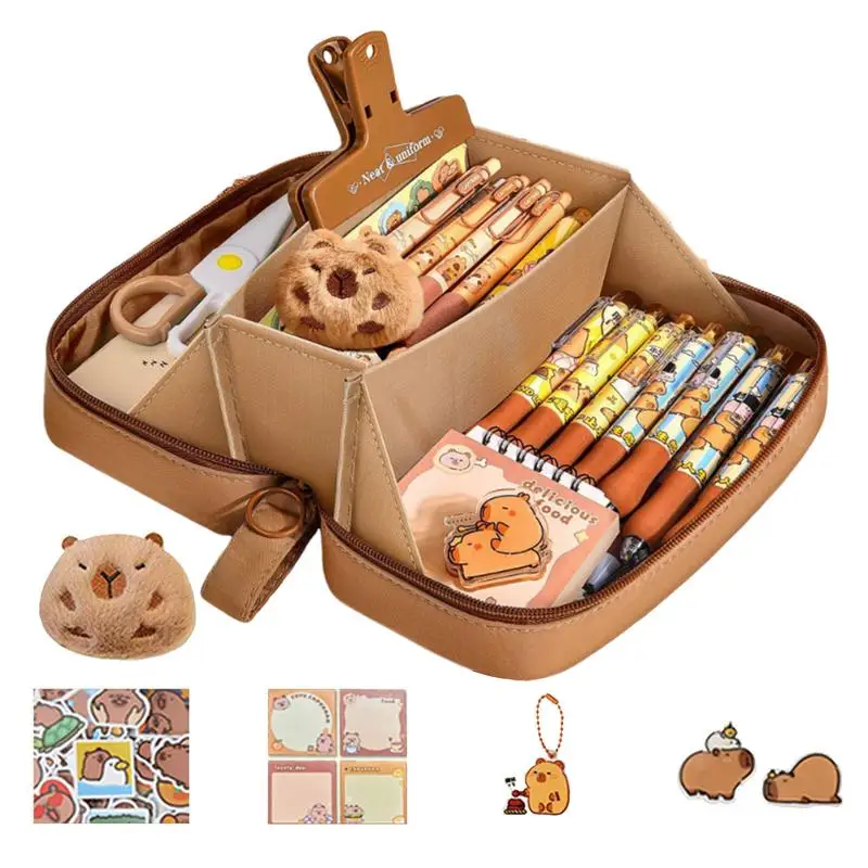 Capybara Themed Stationery Set Cute Pencil Case With Stickers, Keychain, Doll And More Wide Opening Pencil Organizer For Student