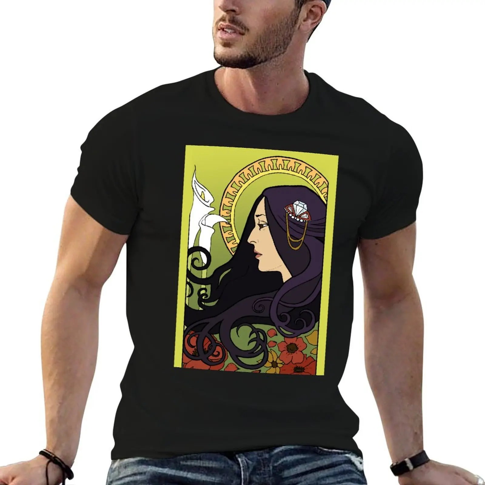Joan Baez - Alphonse Mucha Floral Art Nouveau Drawing T-Shirt quick drying luxury designer mens t shirts pack