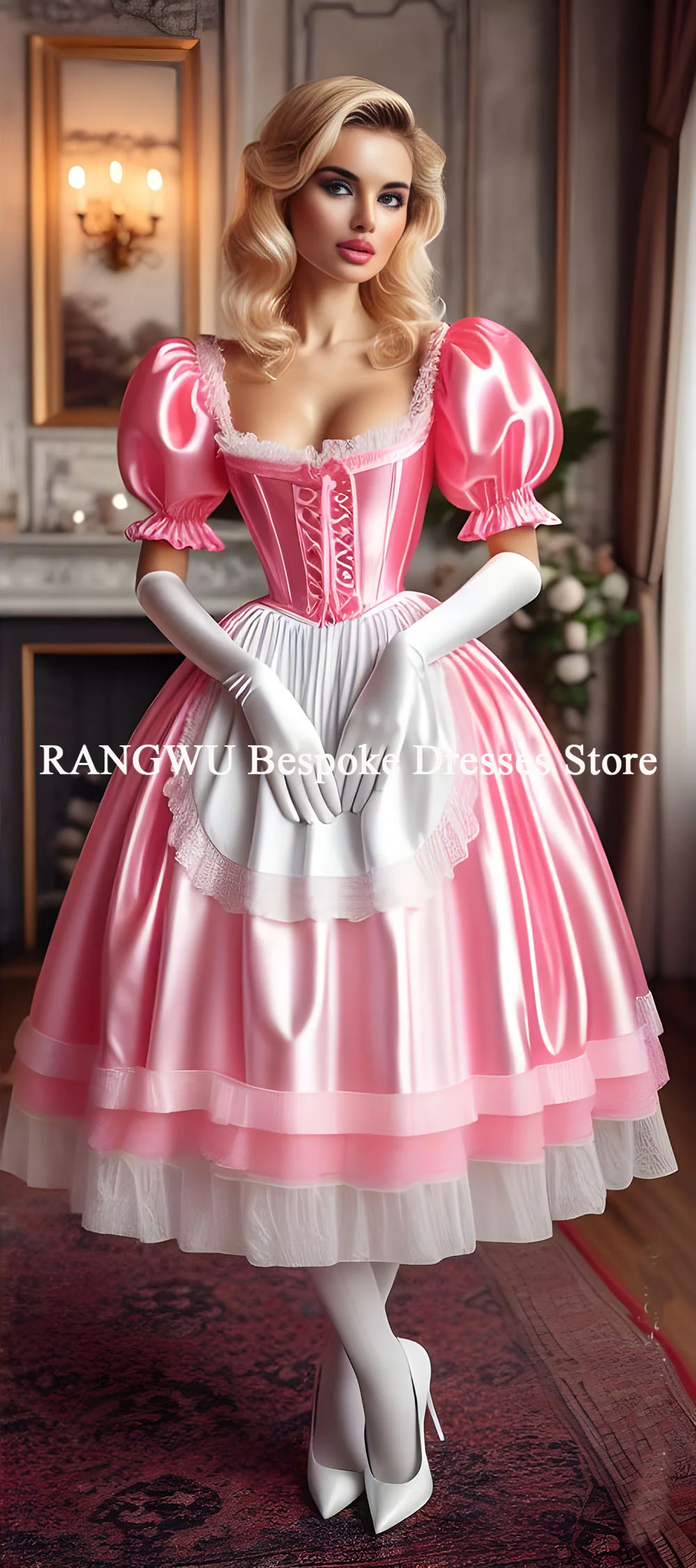 

French Pink Maid Dress With Apron Short Sleeve A Line Lolita Prom Dress Elegant Lace Cosplay Cocktail Wear Customized