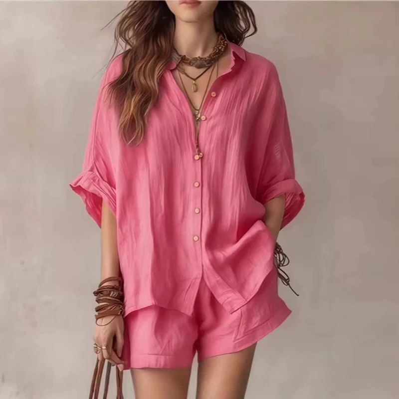 

New Women Casual Two Piece St Elegant Button Down Short Sleeve Shirt Cardigan Shorts Outfits Women Summer Holiday Two Piece Sets