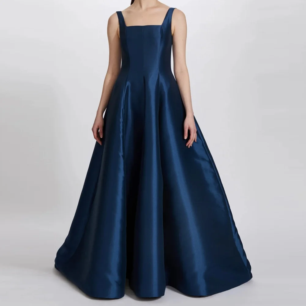 

Customized Temperament Draped Square Neck Floor Length A-Line Evening Dress Satin Sleeveless Sweep Train Vestidos Para Mujer