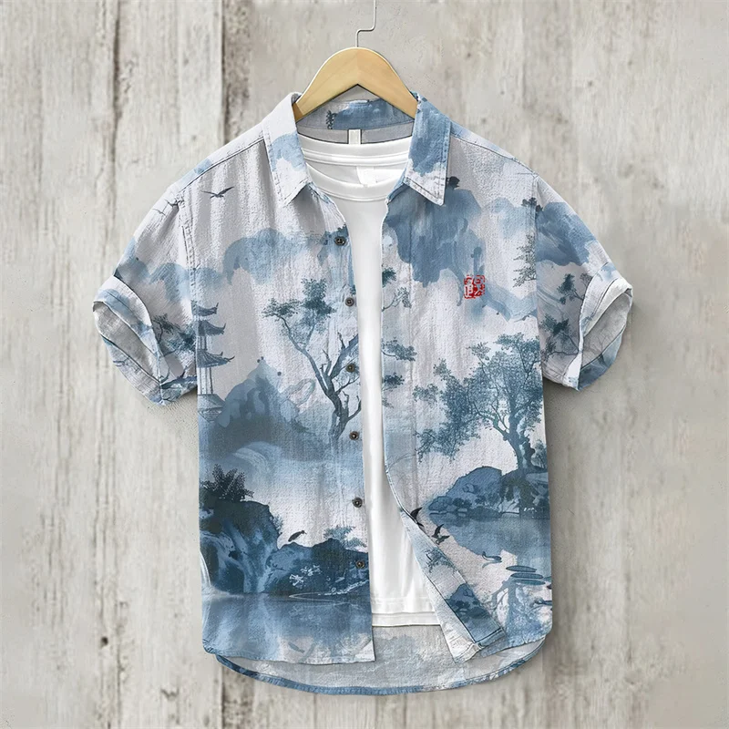 

2024 New Hawaiian Short Sleeve Shirt 3D Short Sleeve Shirt Vacation Beach Printed Bamboo Linen Casual Loose Pullover Button Men'