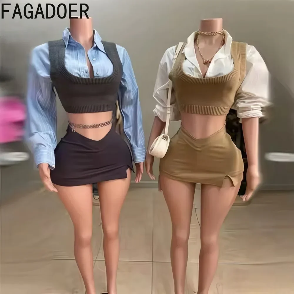 

FAGADOER Fashion Knitted Vest Shirts Women 2 Piece Set Outfit Preppy Style Button Long Sleeve Top + Mini Skirts Suit Streetwear