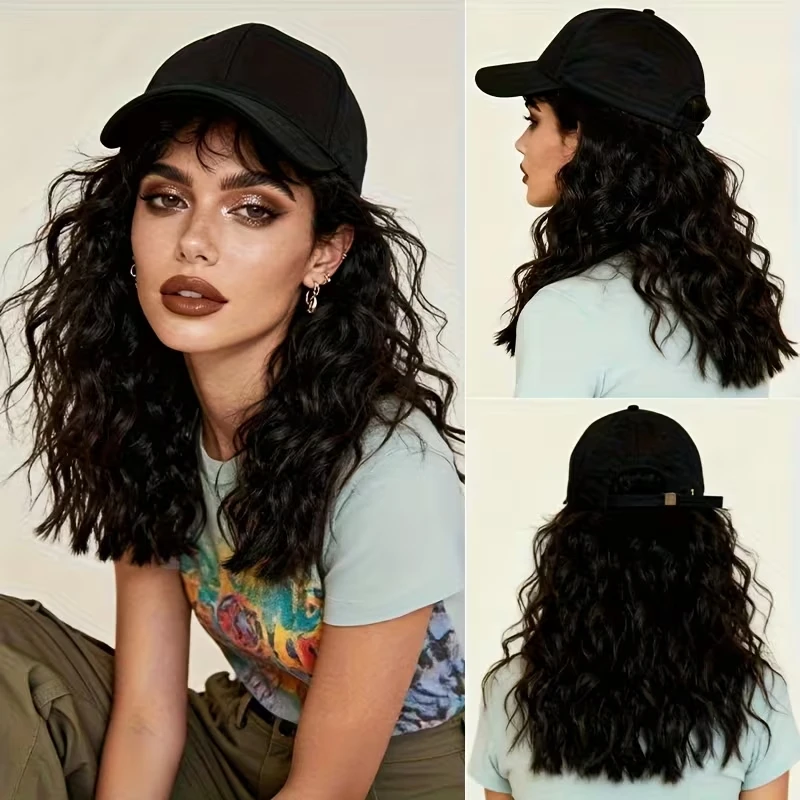 18Inch Synthetic Baseball Cap Wig for Women Long Water Wave Curly Hair Wig Adjustable Baseball Hat Wig for Daily Party Wear