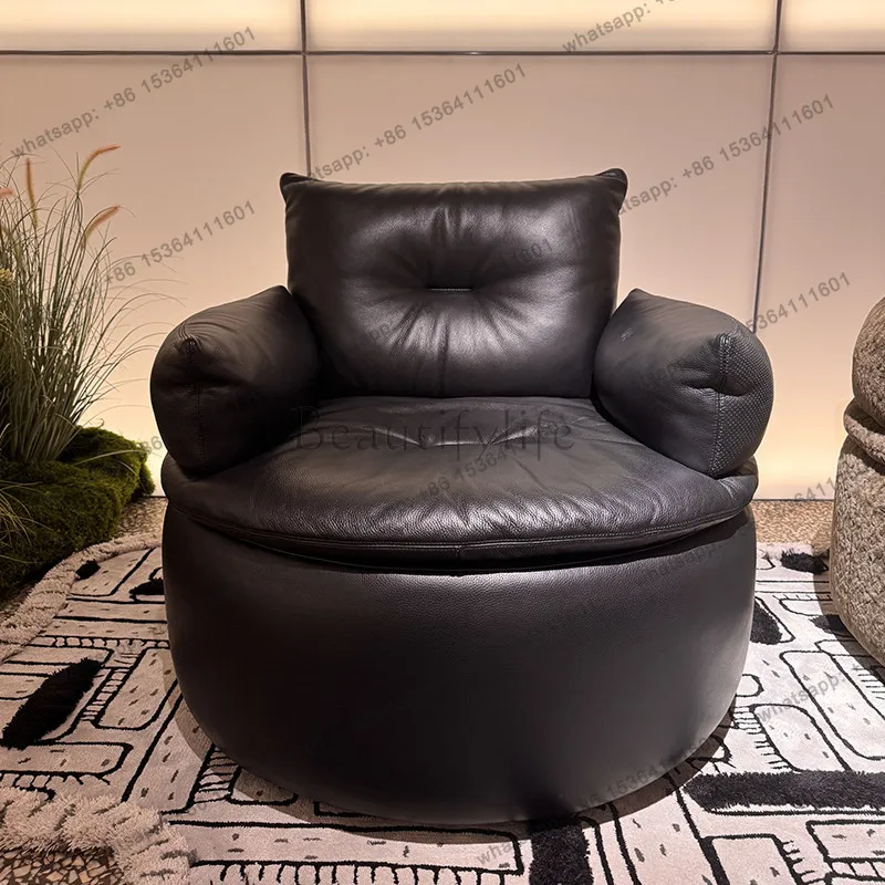 

Bauhaus black full leather sofa small sofa chair, living room balcony swivel lounge chair