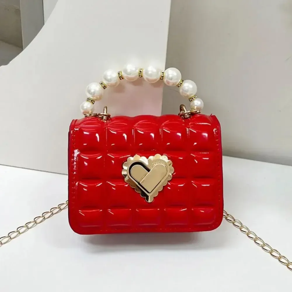 Women Handbag Faux Pearl Handle Golden Love Heart Detachable Metal Chain Mini Elegant Girl Single Shoulder Bag Purse