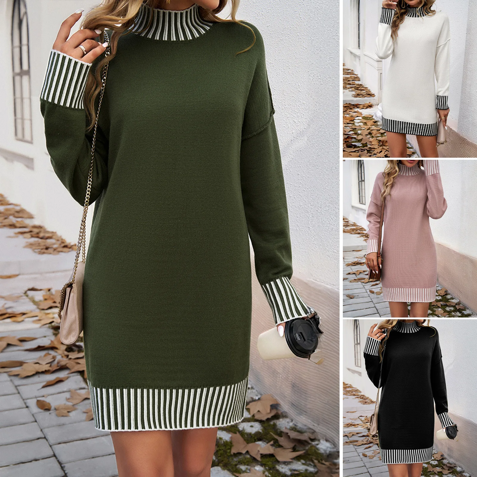 

High Quality Hot Selling 2025 Women's Clothing Temperament Casual Color Collision Splicing Sweater Dress Wholesale Vestidos Y2k