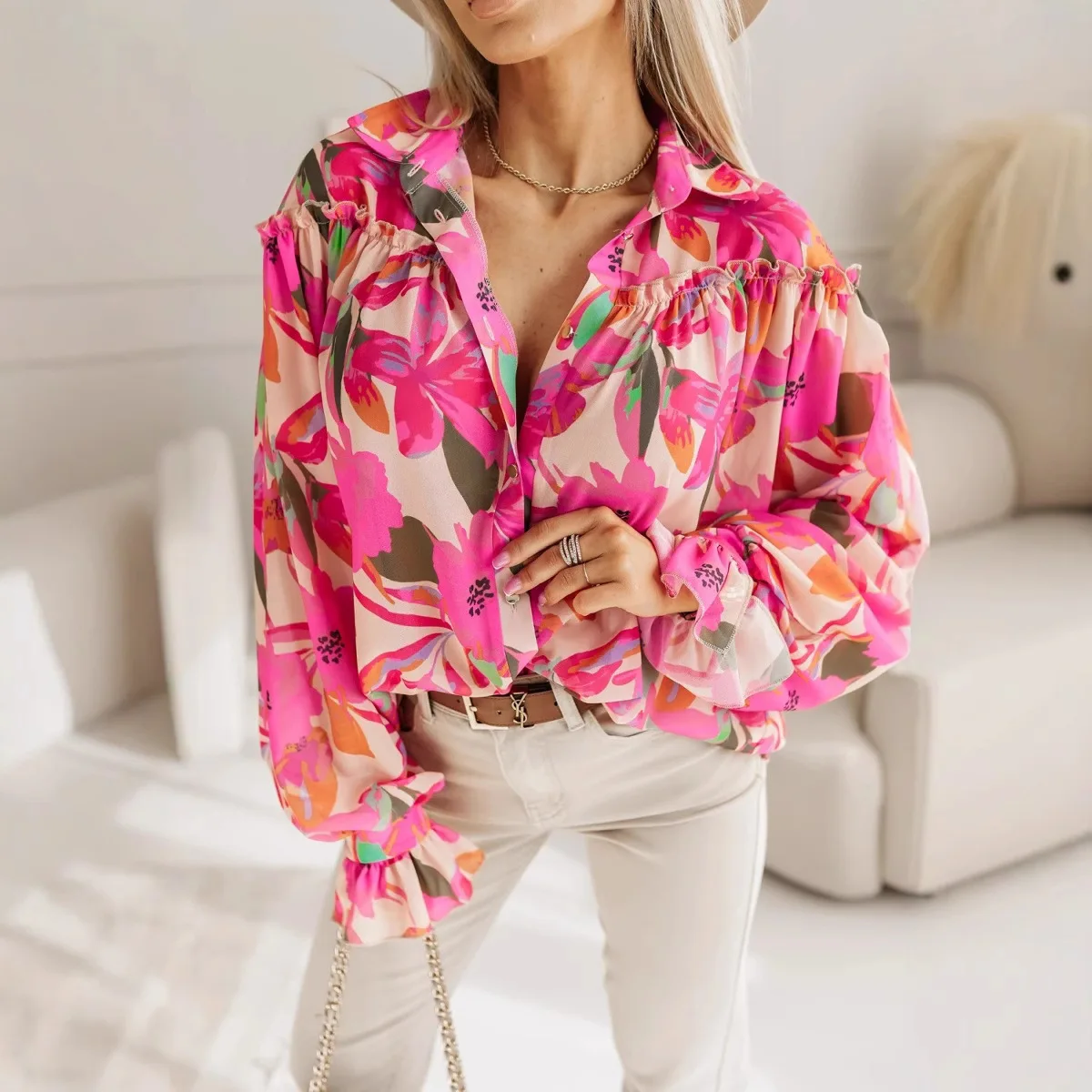 

Spring New Women's Long-sleeved Shirt Button Cardigan Flower Top Fashion Loose Casual Lantern Sleeve Girl's Blouse