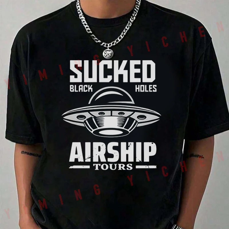 Sci-Fi Retro UFO Letter Print Motorcycle T-Shirt Men Hip Hop Streetwear Unisex Casual Fashionable Short Sleeve Tops