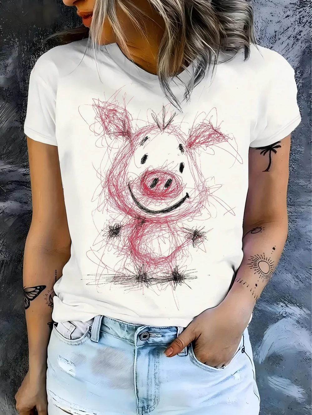 Funny Hand Drawn Cute Animals Printed Woman's Short Sleeved T-Shirts Fun Trendy Tees Crew Neck Top Summer Daily Woman Clothing
