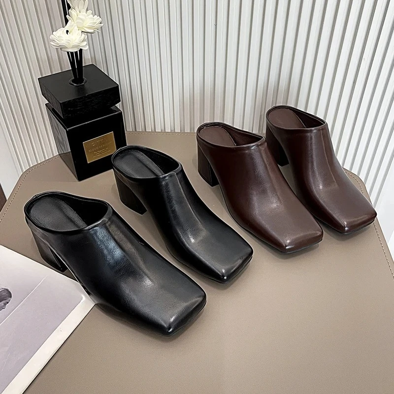 

Women Spring and Summer Soft Leather Small Square Head High Heel Cool Mopping Baotou Half Slippers