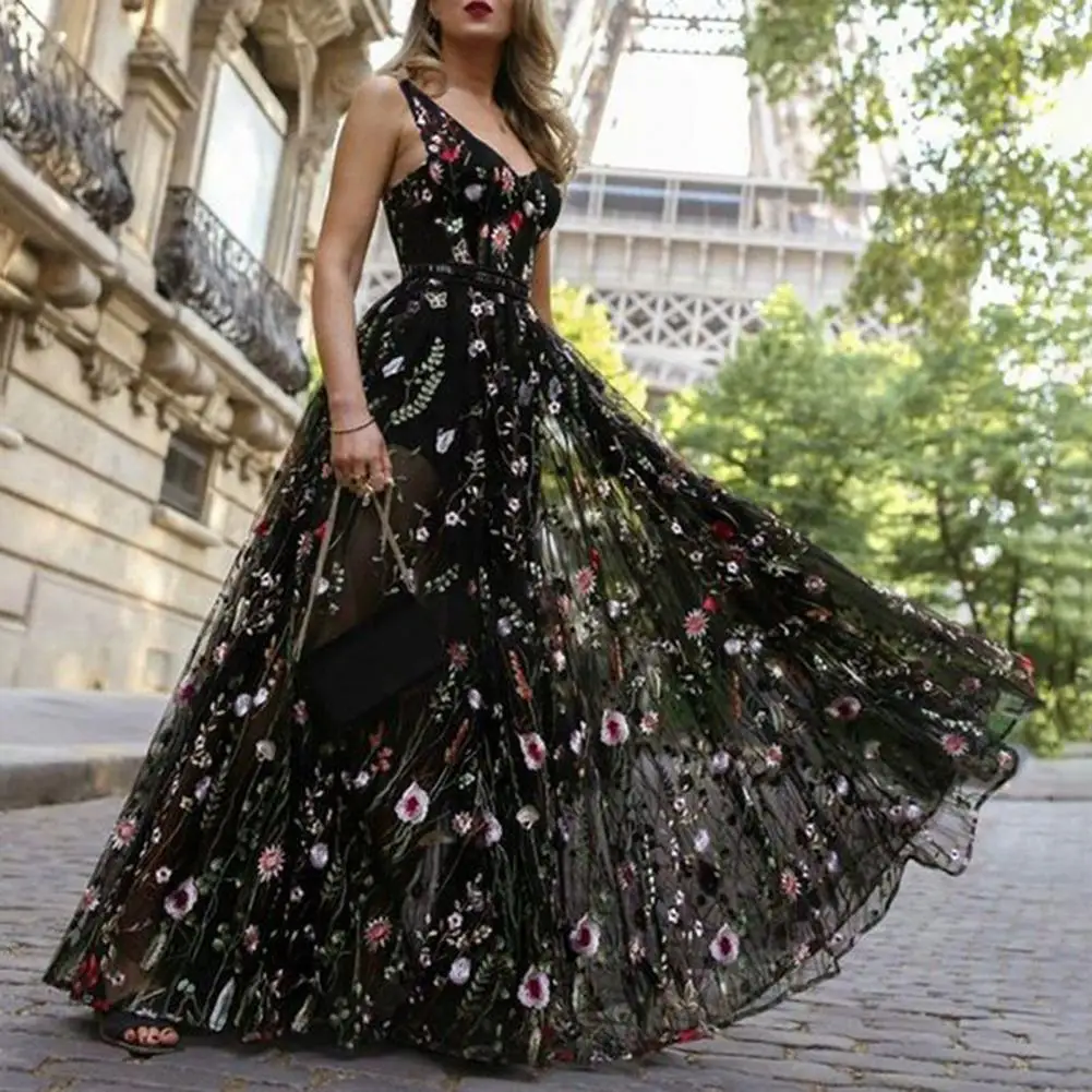 Robe longue brodée à col en V pour femme, robe trapèze, robe de Rhtrapèze, robe de cocktail élégante, broderie florale, maxi