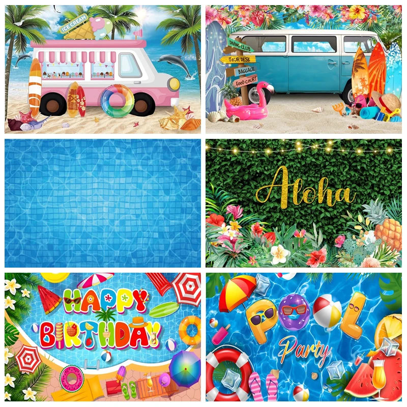 

Summer Pool Party Photocall Backdrop Hawaiian Swimming Beach Flamingo Lifebuoy Baby Birthday Holiday Photography Background Prop