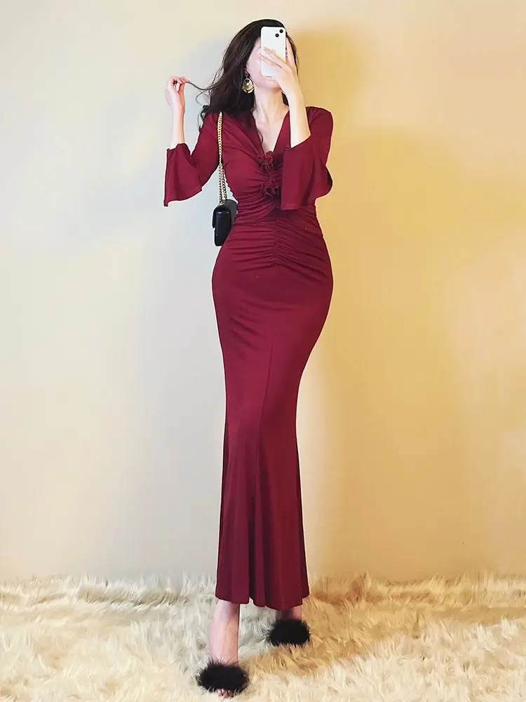 24 Autumn New Style Premium Solid Color Long Skirt with Niche Design Horn Sleeve 2-piece Set