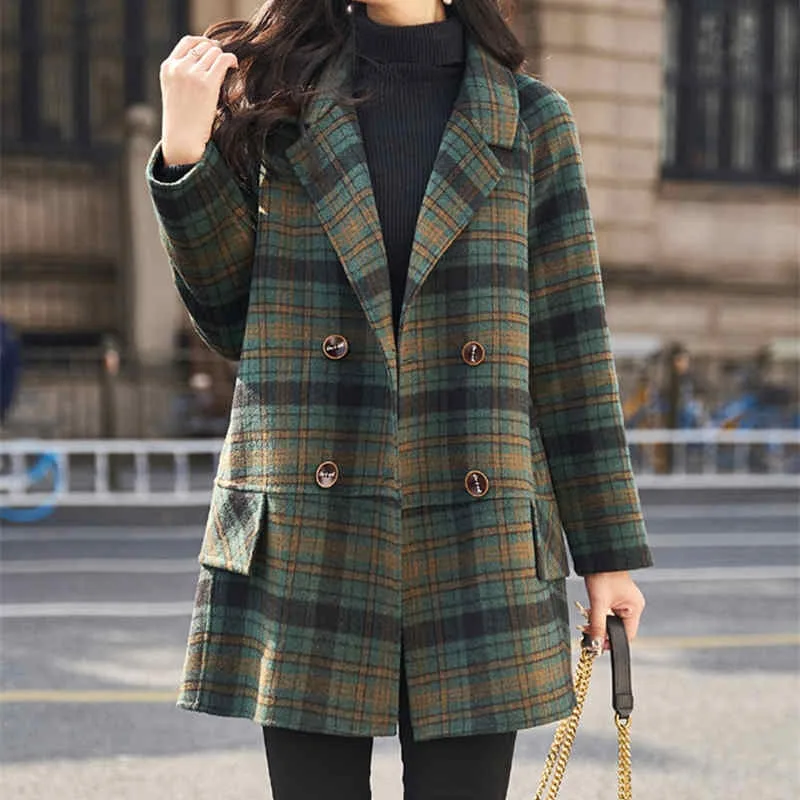 high-end women's suit woolen coat jacket 2025 new Korean version loose plaid temperament slim medium long Woolen blend Overcoat