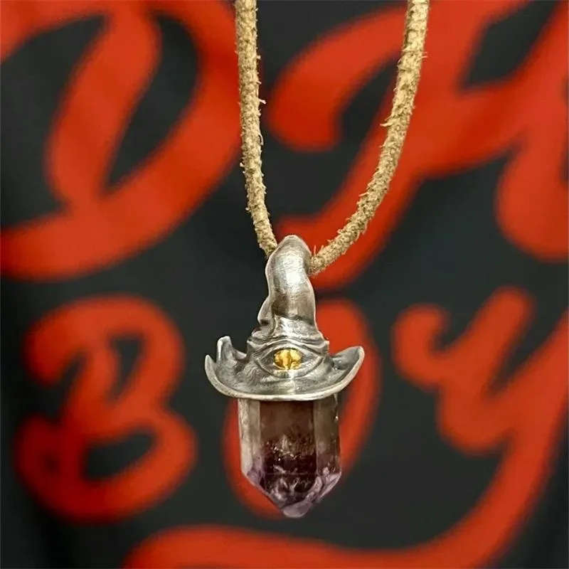 1pc Retro Style Amethyst Hexagonal Pillar Witch Hat Pendant Decoration Pendant