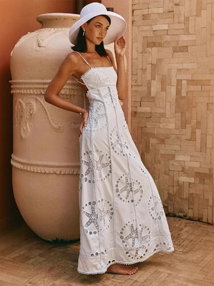 

Starfish Print Backless Slip Long Dress Women Sexy Sleeveless Lace Up Patchwork Hollow Out Party Dresses Fashion Lady Beachwear