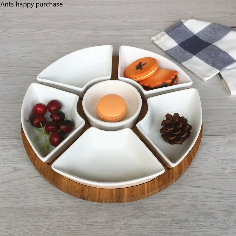 White Ceramics Fruit Tray Snack Dried Fruit Nut Dish Home Divided Plate Dessert Vegetarian Dish Salad Platter with Bamboo Tray