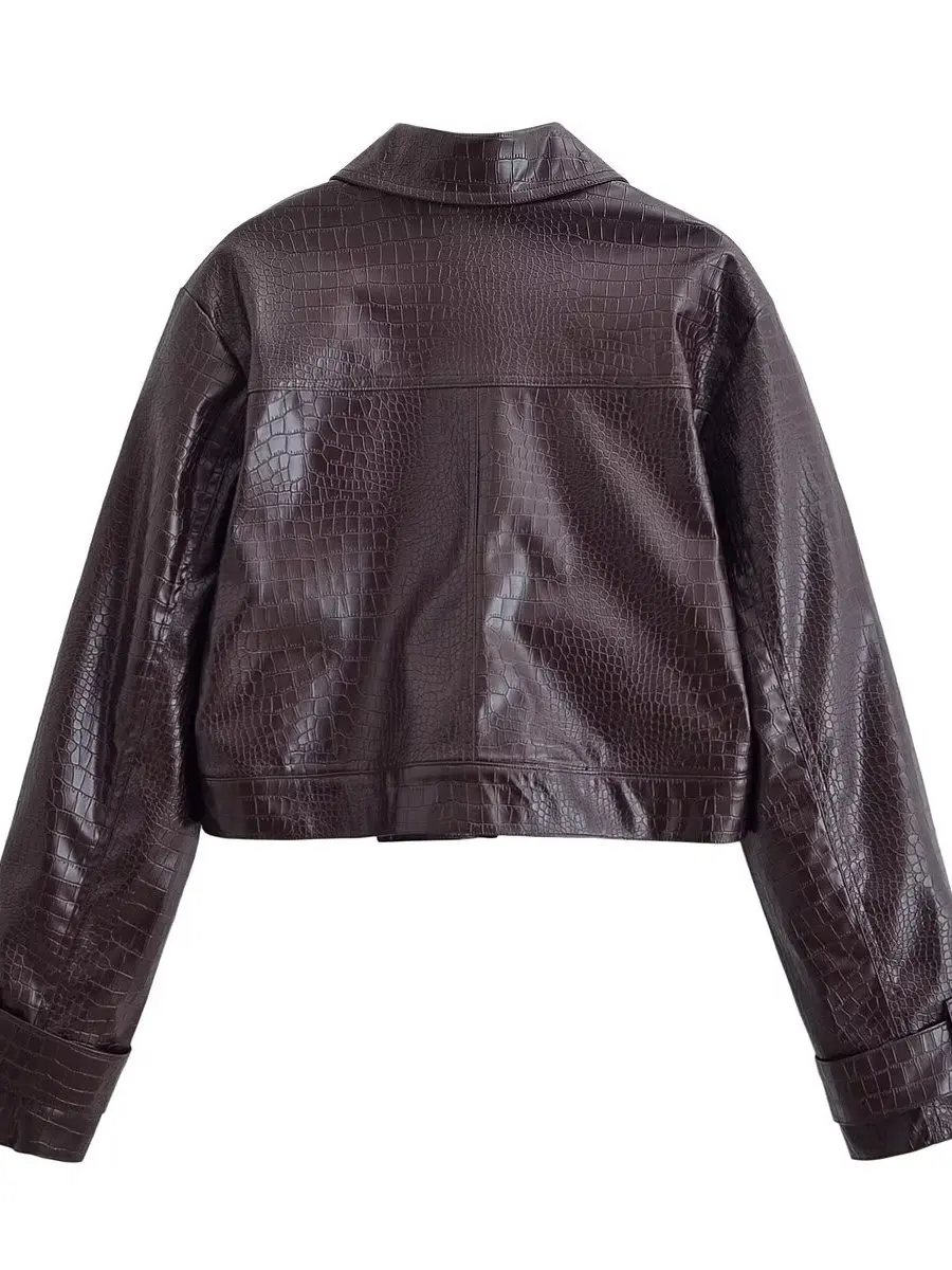 Cool Street Style Short Leather Jacket Women's Crocodile Pattern Shiny Buttoned Coat Spring Fashion Ladies' PU Leather Coat