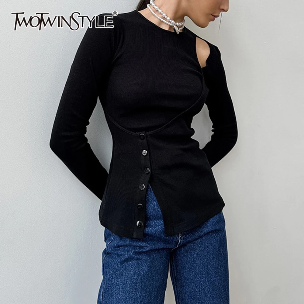 TWOTWINSTYLE Solid Slimming Hollow Out T Shirts For Women O Neck Long Sleeve Patchwork Button T Shirt Female Fashion Style New