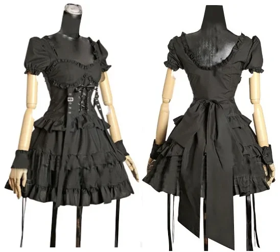 Retro Gothic Steampunk Lolita Bandage Tight Waist Bow Strap Short Sleeve Backless Ball Gown Dress Black Cute Girls Costume dress