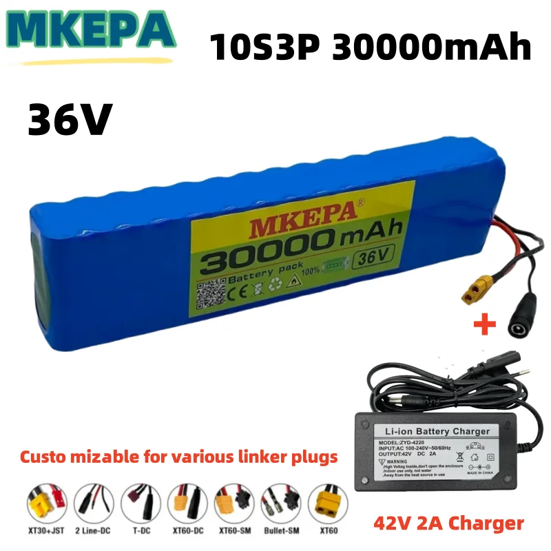 36V 30Ah 600watt 10S3P lithium ion battery pack 15A BMS proSuitable for electric riding batteries  XT60 T Plug+charger