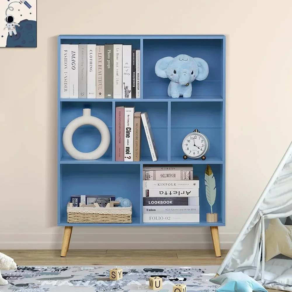 

7 Cube Bookshelf, Blue Kids Book Shelf with Cubby Storage,Wooden Modern Bookcase with Legs,3 Tier Freestanding Display Book