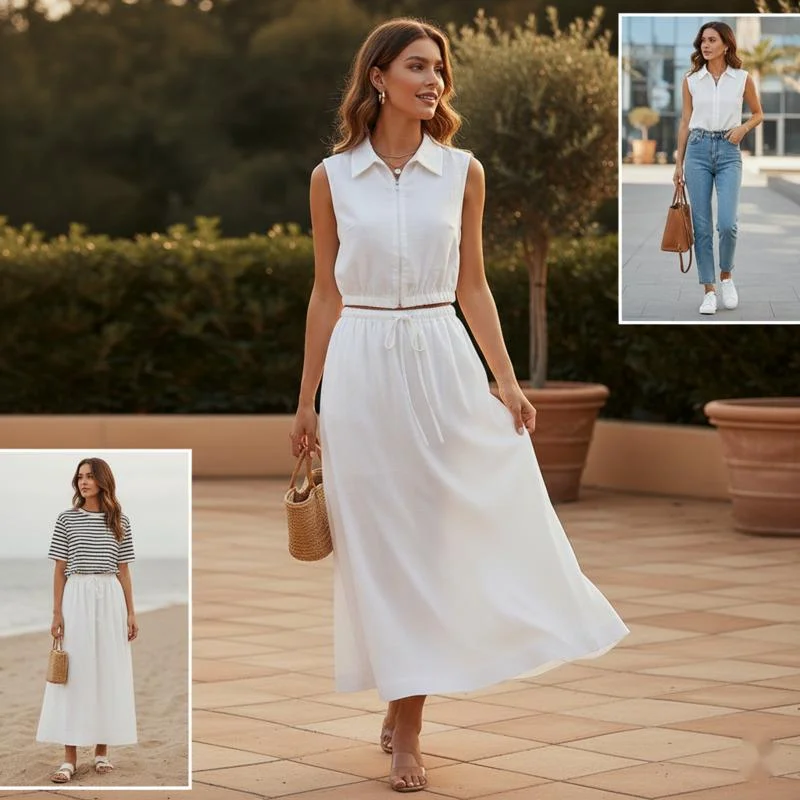

Women's Summer Linen Matching Sets Sleeveless Zip Collared Tank Top Split Maxi Skirt Outfit For Beach Vacation Daily Casual Wear