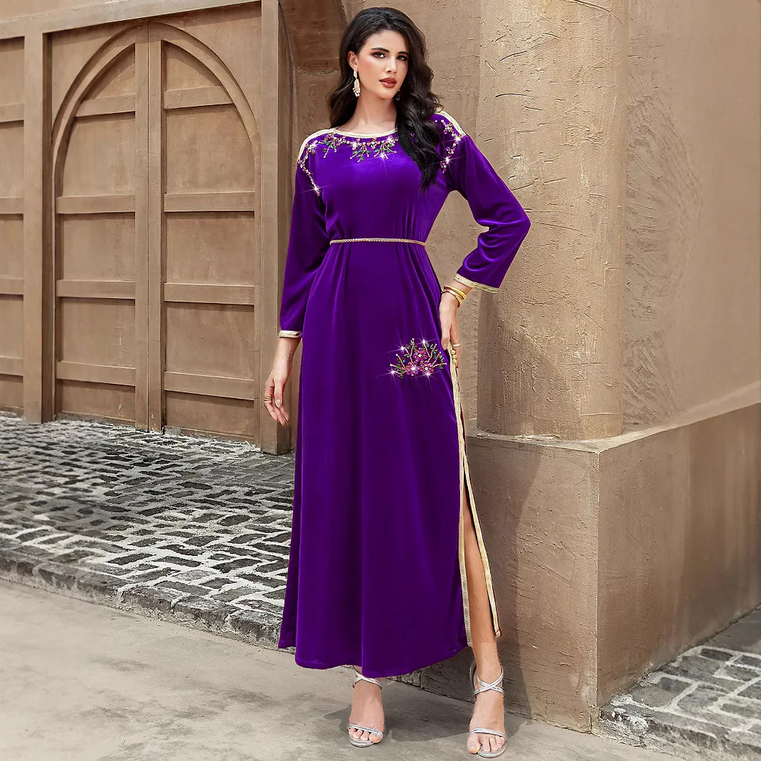 Ba5164 Velluto viola Cigno Velluto cucito a mano Strass Patchwork Nastro dorato Abito lungo Abito toast Abito formale Elegante