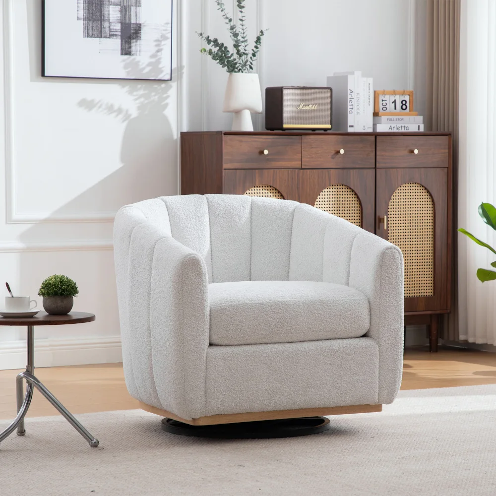 Chenille gestoffeerde fauteuil met metalen voet, 360 °   Rotatiefunctie, gestoffeerde tonvormige fauteuil, pompoenvormige Sigle-bank
