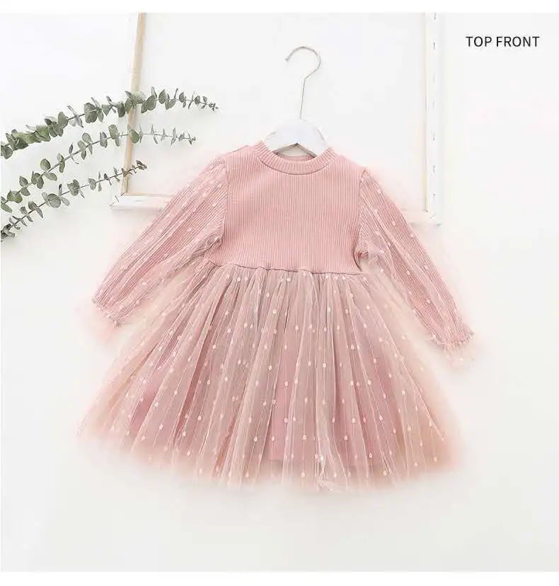 Children Spring Sweet Custum Girl Dresses Autumn Long Sleeve Polka Dot Tulle Toddler Kids Party Evening Dress 1 To 6 Years Old