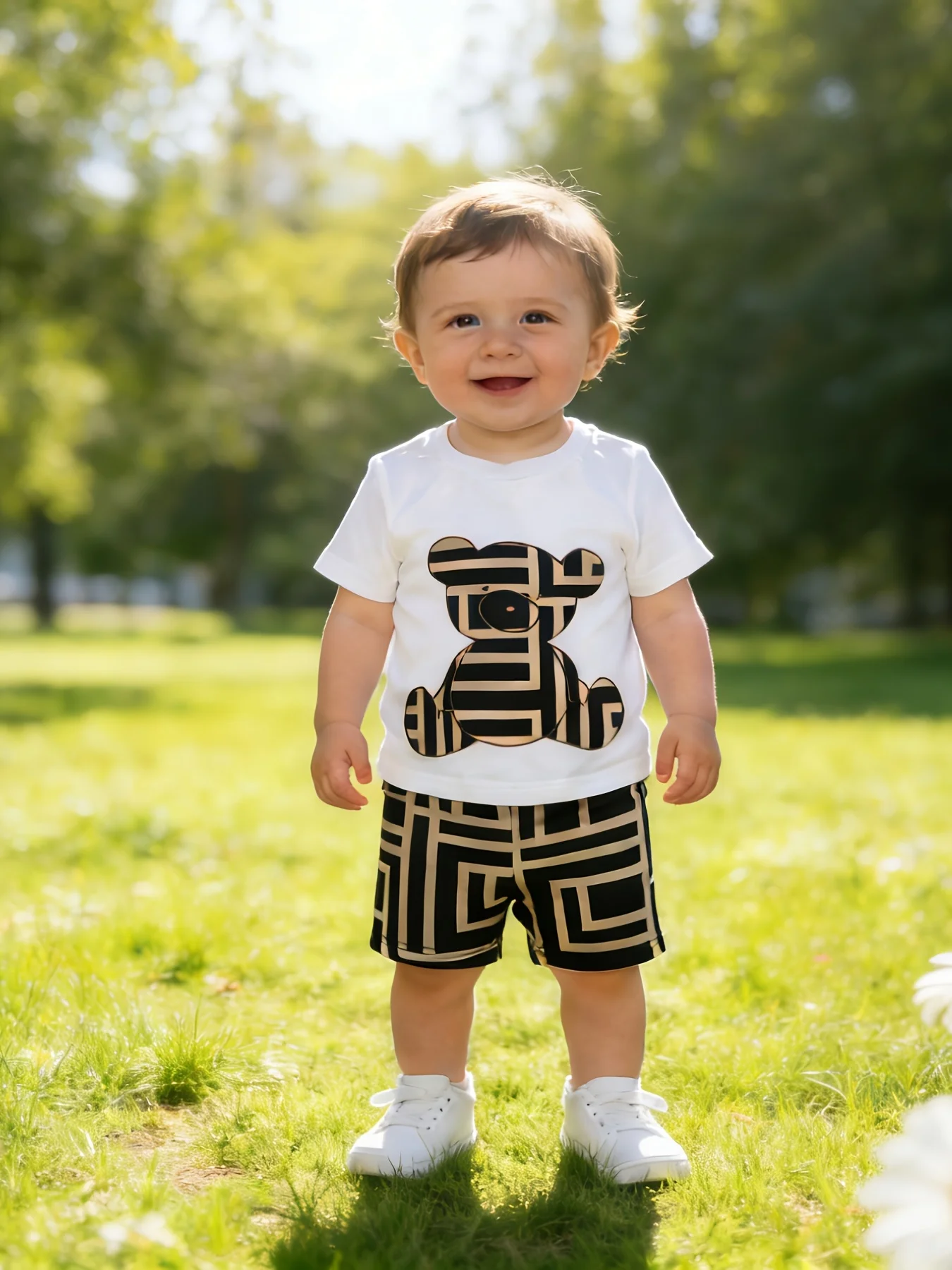 Boys White Base Striped Bear Print T Shirt Geometric Pattern Shorts Set Casual Style Summer Outfit