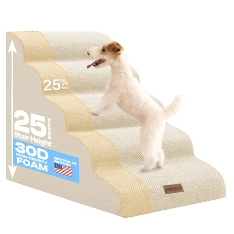 

Extra Wide Dog Stairs for Large Dogs Up to 80lbs 25 Pet Steps for High Bed with Washable Cover 5-Step Foam Bed Couch Ladder for