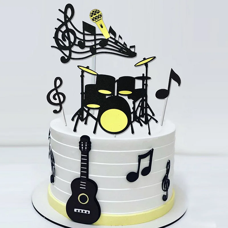 8pcs/Set Birthday Cake Baking Decoration  Music Festival Party  Musical Notation Guitar Drum  Black and White