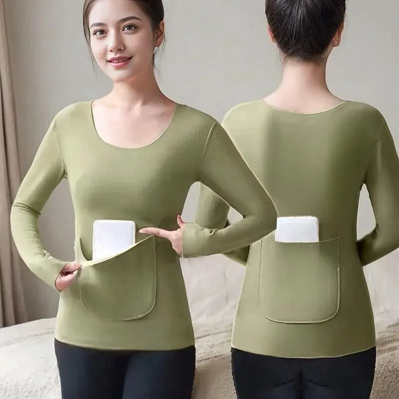 

1pcs Women Seamless Thermal Underwear Velvet Double Pockets Basic Pullover Autumn Crewneck Fashion Top Casual Thermal Undershirt