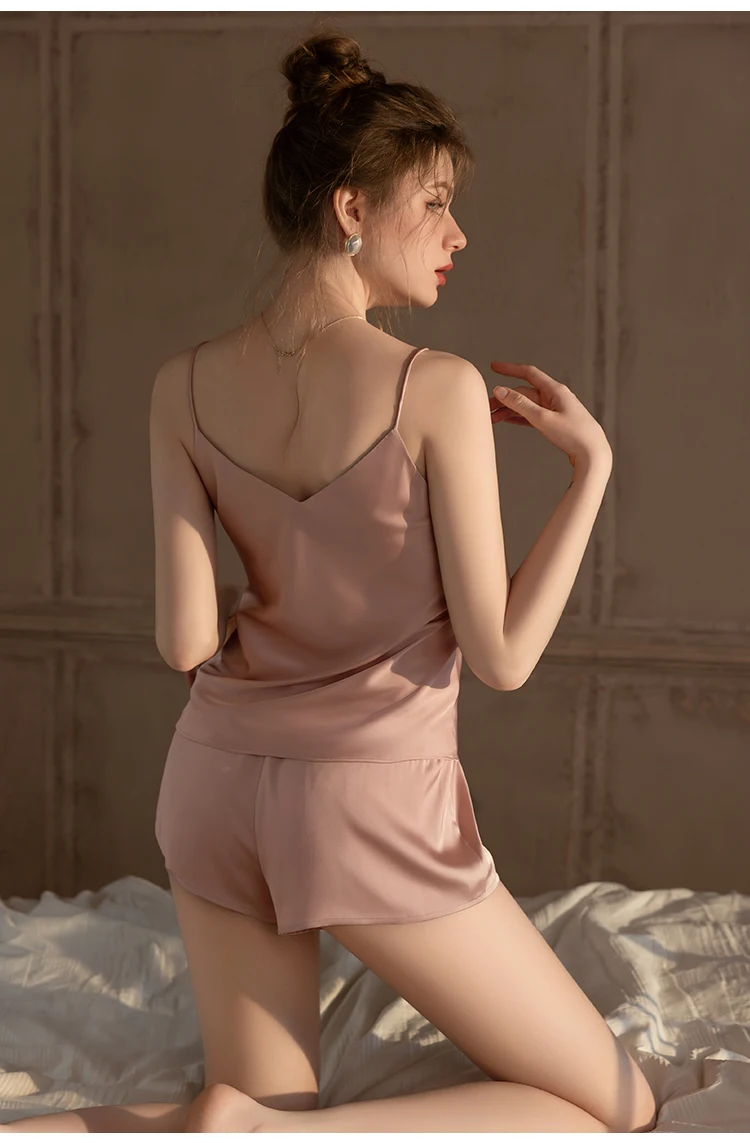 Winsleter, Sexy 2 Piece Pajamas Set, Women Spaghetti Strap Shorts, French Retro Casual Homewear, 2024 Summer Autumn New S47343QM