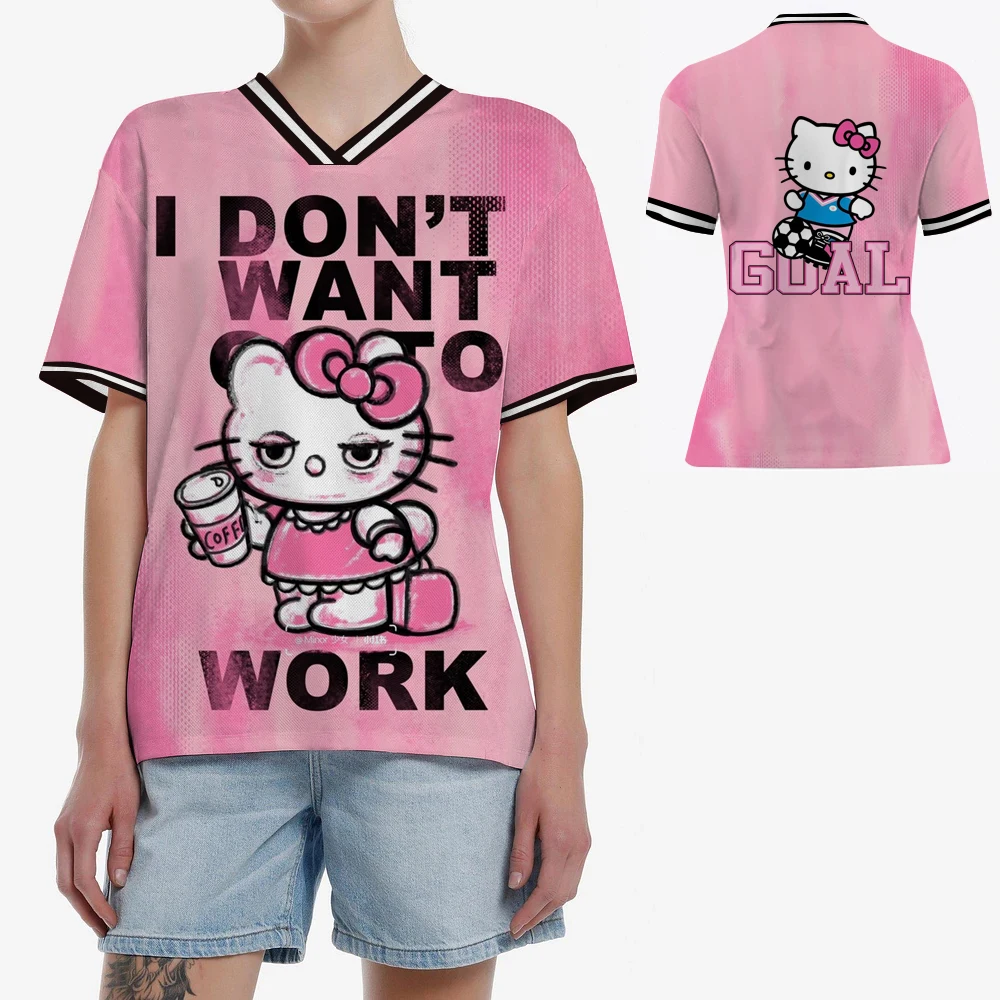 

Summer fashion women's Hello Kitty V-neck football jersey casual sports short sleeved Harajuku loose T-shirt street top