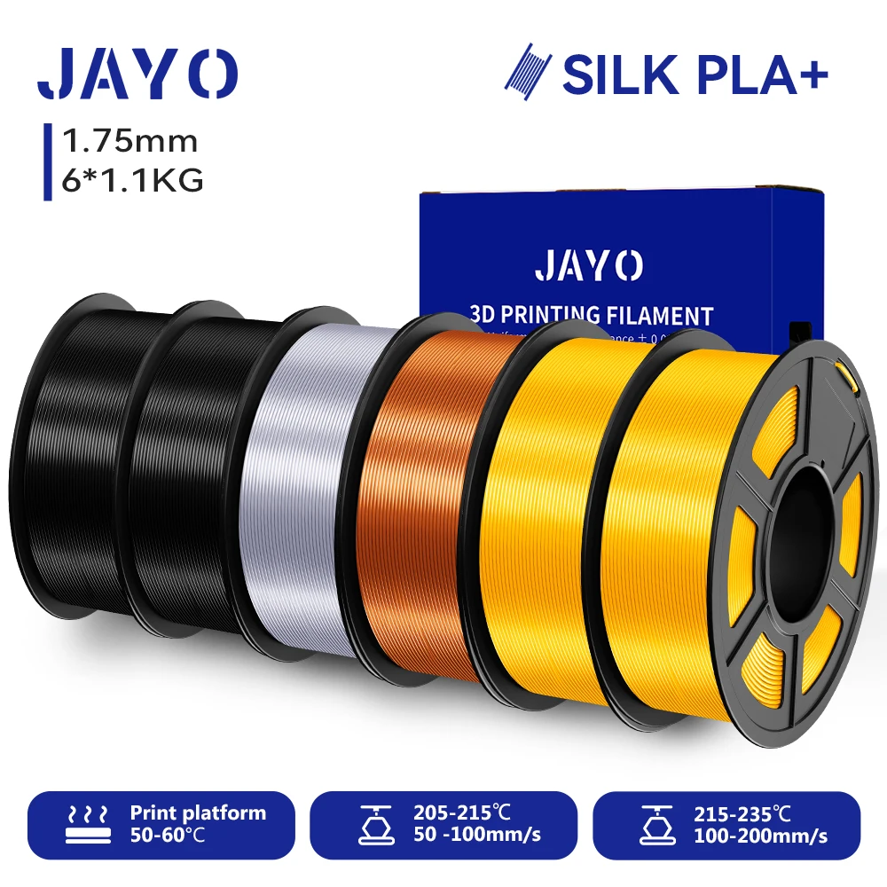 JAYO 6 Rollen SILK PLA + Filament 1,75 mm SILK PLA Plus Filament, glatte, seidige, glänzende Oberfläche, 3D-Filament, geeignet für FDM-Drucker