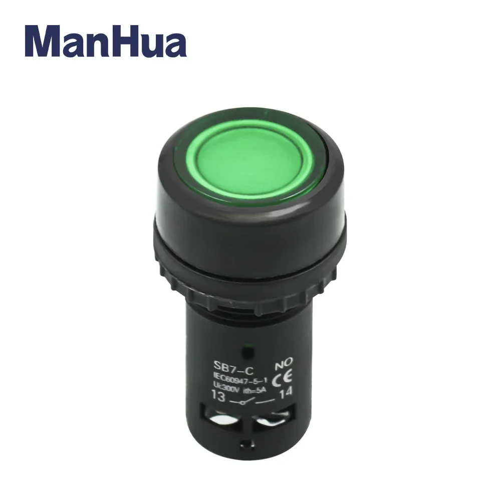 ManHua XB7 Green LED Lights Push Button Switch ON Off With Rubber Sleeve