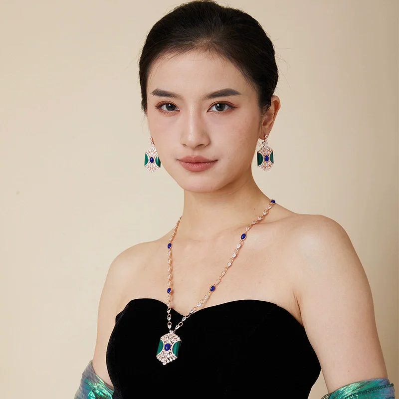 Designer Collection Style Earrings Necklace Women Lady Inlay Cubic Zircon Malachite Rhombus Pendant Party Jewelry Sets
