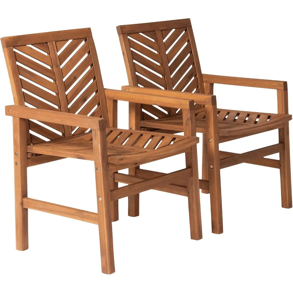 2 Piece Outdoor Patio Chevron Wood Chair Set All Weather Backyard Conversation Garden Poolside Balcony, Set of 2, Brown