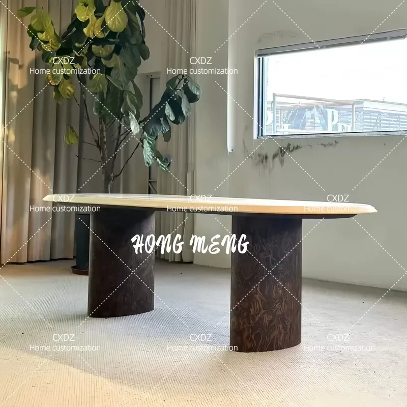 Medieval Style Solid Wood Retro Marble Dining Table Home Art Advanced Sense Wabi Sabi Oval Dining Table